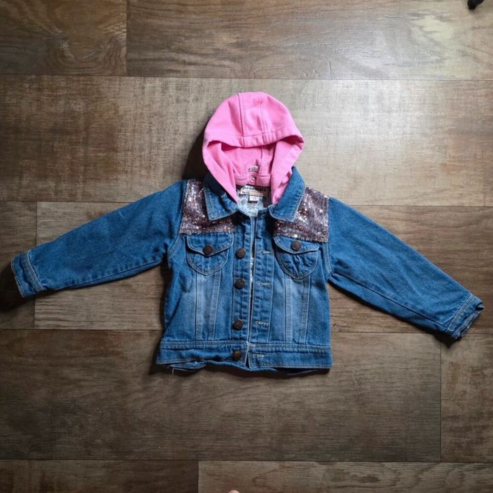 Peacolate Kids Sequin Denim Jacket Removable Pink Hood Size 13 Ages 6-7